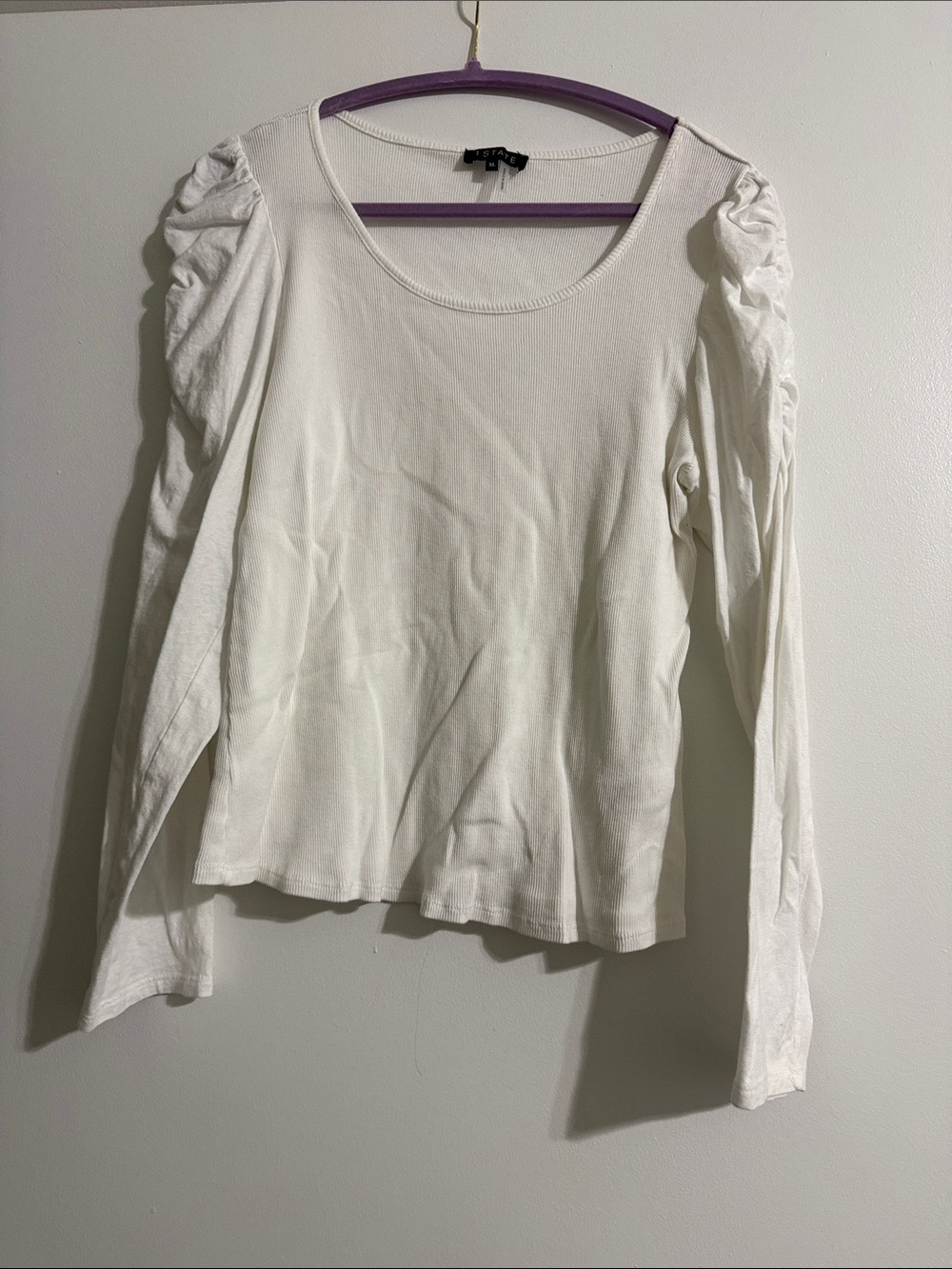 STATE White Ruched Shoulder Scoop-Neck Long Sleeve Top